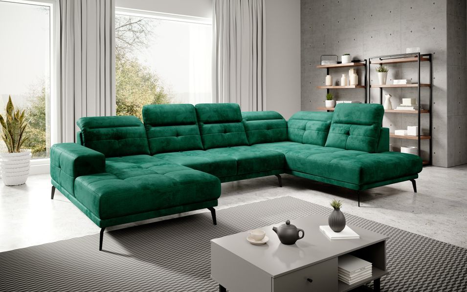 Canapé panoramique moderne tissu vert têtières angle droit Versus 350 cm - Photo n°2