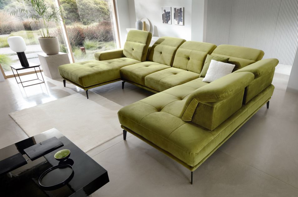 Canapé panoramique moderne tissu vert têtières angle droit Versus 350 cm - Photo n°4