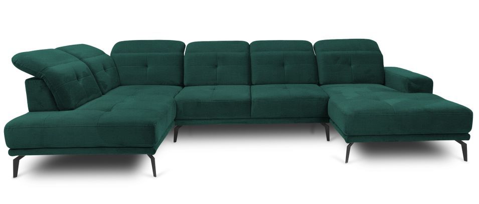 Canapé panoramique moderne tissu vert têtières angle gauche Versus 350 cm - Photo n°1