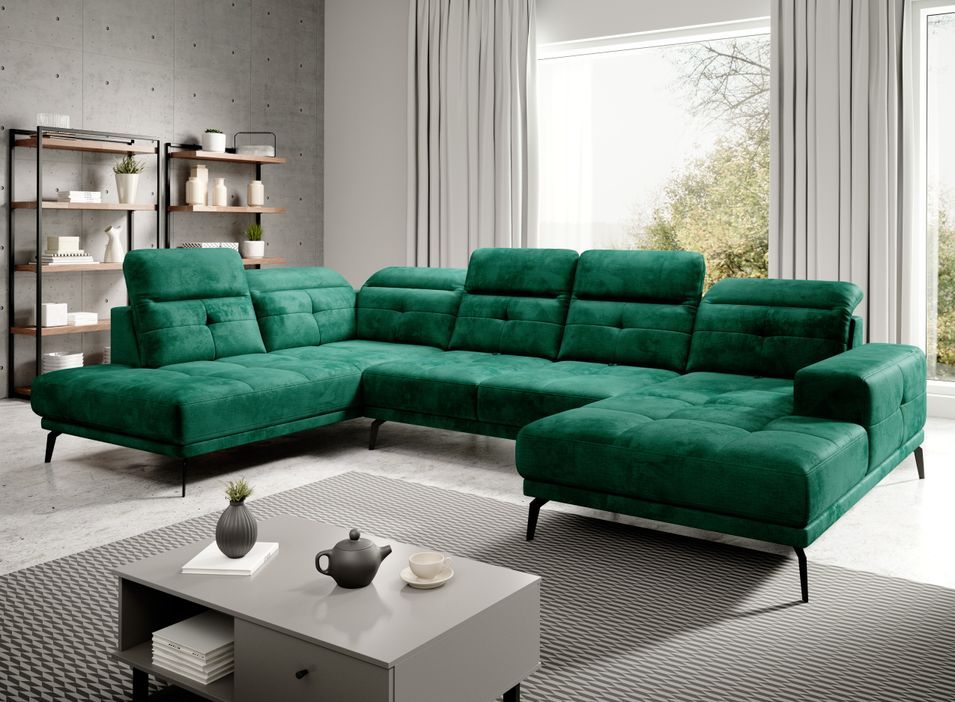 Canapé panoramique moderne tissu vert têtières angle gauche Versus 350 cm - Photo n°2