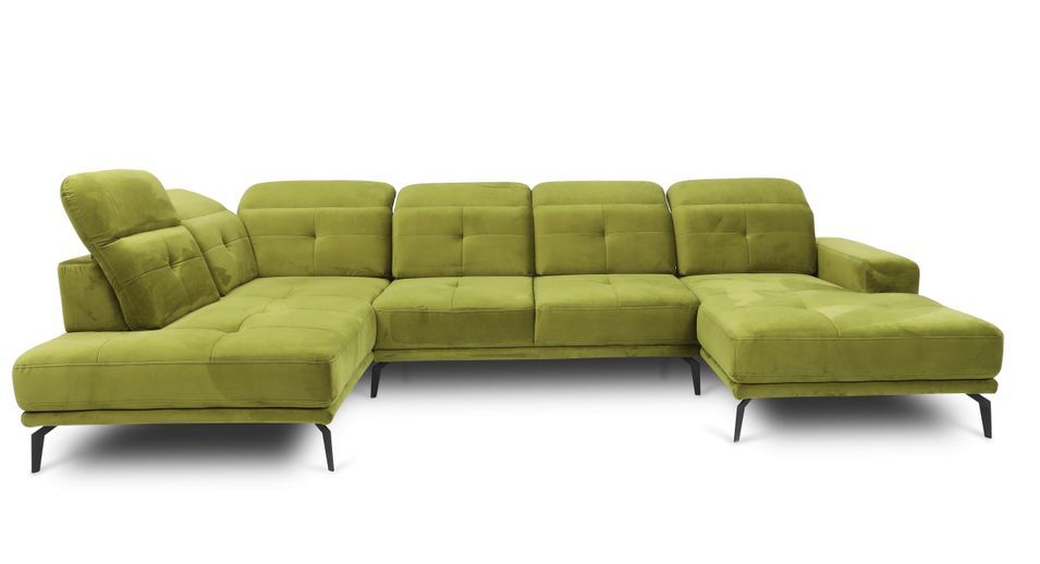 Canapé panoramique moderne tissu vert têtières angle gauche Versus 350 cm - Photo n°7