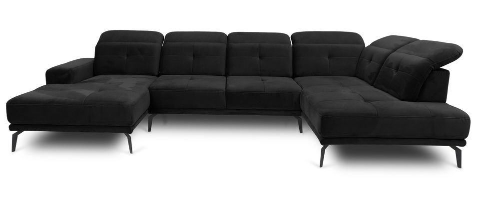 Canapé panoramique moderne velours noir têtières angle droit Versus 350 cm - Photo n°1