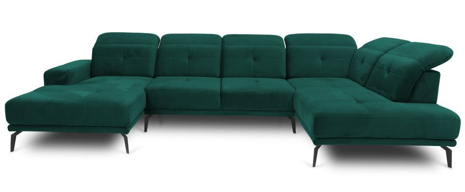 Canapé panoramique moderne velours vert foncé têtières angle droit Versus 350 cm - Photo n°1