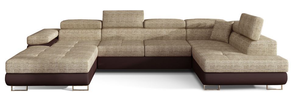 Canapé panoramique tissu beige clair chiné et simili cuir marron convertible avec coffre de rangement Romano 345 cm - Photo n°1
