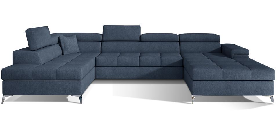 Canapé panoramique tissu bleu jean coffre de rangement à gauche Kutty 345 cm - Photo n°1