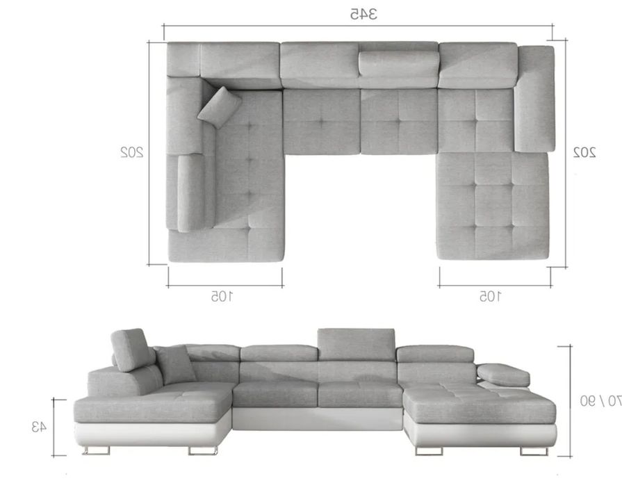 Canapé panoramique tissu gris clair chiné et simili cuir blanc convertible avec coffre de rangement Romano 345 cm - Photo n°7