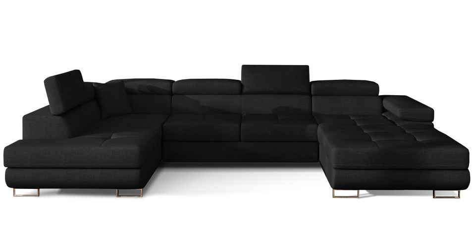 Canapé panoramique tissu noir convertible avec coffre de rangement Romano 345 cm - Photo n°14