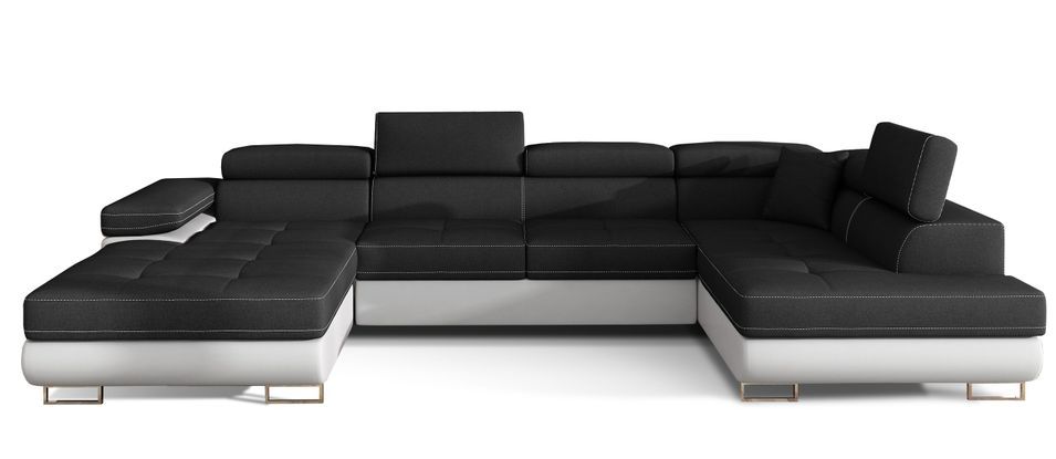 Canapé panoramique tissu noir et simili cuir blanc convertible avec coffre de rangement Romano 345 cm - Photo n°1