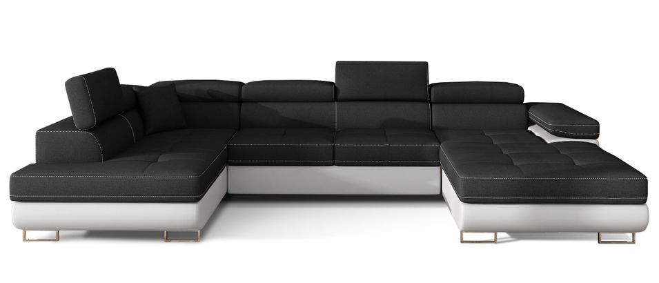 Canapé panoramique tissu noir et simili cuir blanc convertible avec coffre de rangement Romano 345 cm - Photo n°1