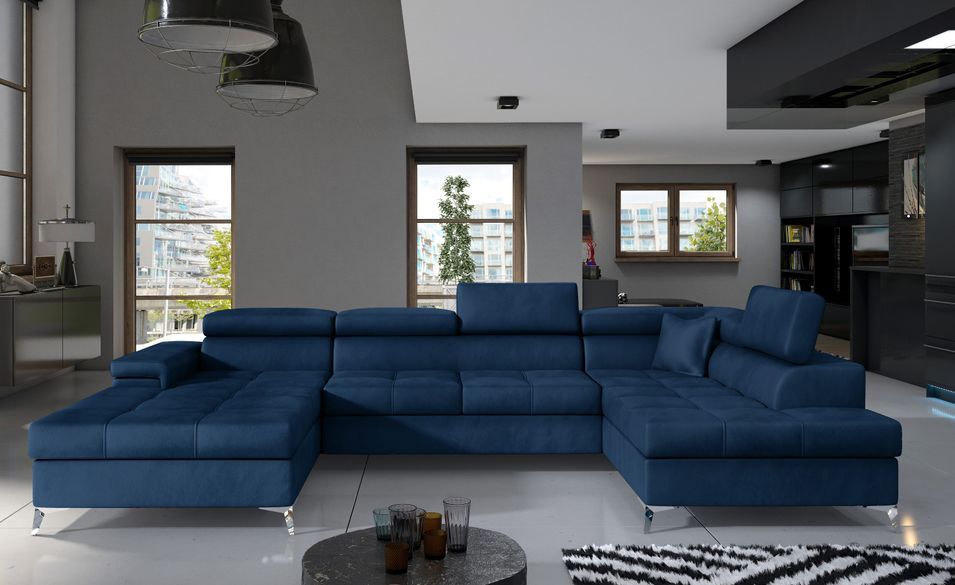 Canapé panoramique velours bleu foncé coffre de rangement à droite Kutty 345 cm - Photo n°2