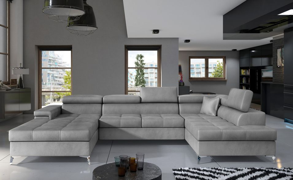 Canapé panoramique velours gris clair coffre de rangement à droite Kutty 345 cm - Photo n°2