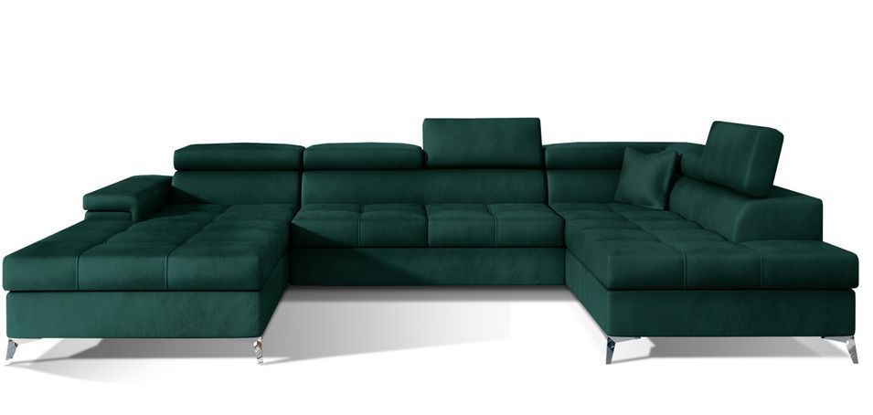 Canapé panoramique velours vert foncé coffre de rangement à droite Kutty 345 cm - Photo n°1