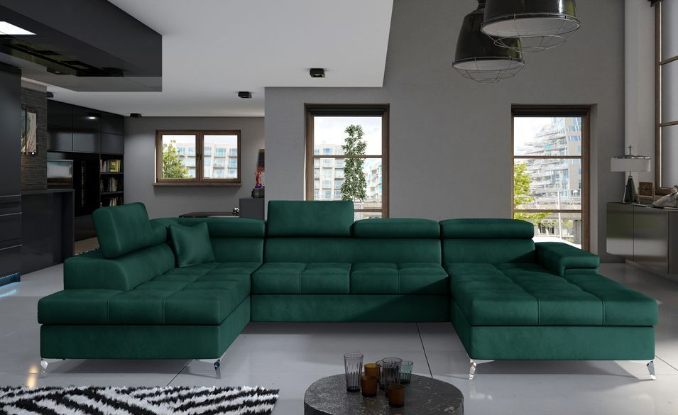 Canapé panoramique velours vert foncé coffre de rangement à gauche Kutty 345 cm - Photo n°2