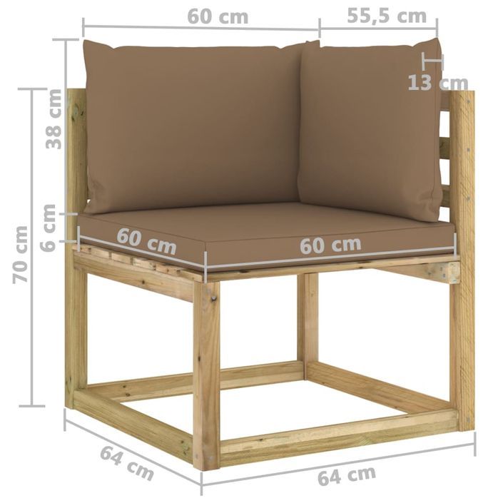 Canapés d'angle de jardin 2pcs et coussins Pin imprégné de vert 9 - Photo n°9