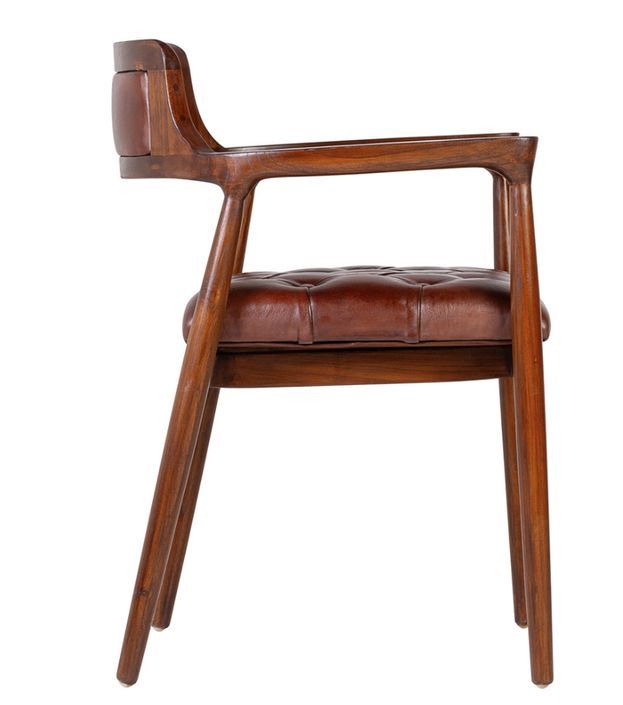 Chaise avec accoduoir bois massif vernis et cuir veritable capitonné Artano - Photo n°2
