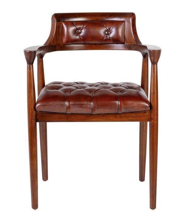 Chaise avec accoduoir bois massif vernis et cuir veritable capitonné Artano - Photo n°5