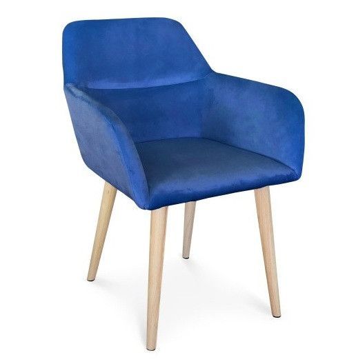Chaise avec accoudoirs velours bleu et pieds bois clair Nathy - Photo n°1