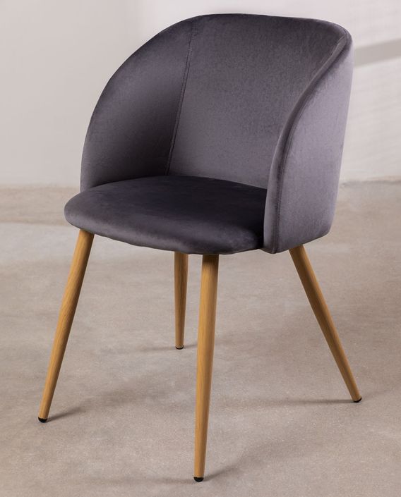 Chaise avec accoudoirs velours gris foncé et pieds métal imitation bois Vida - Photo n°1