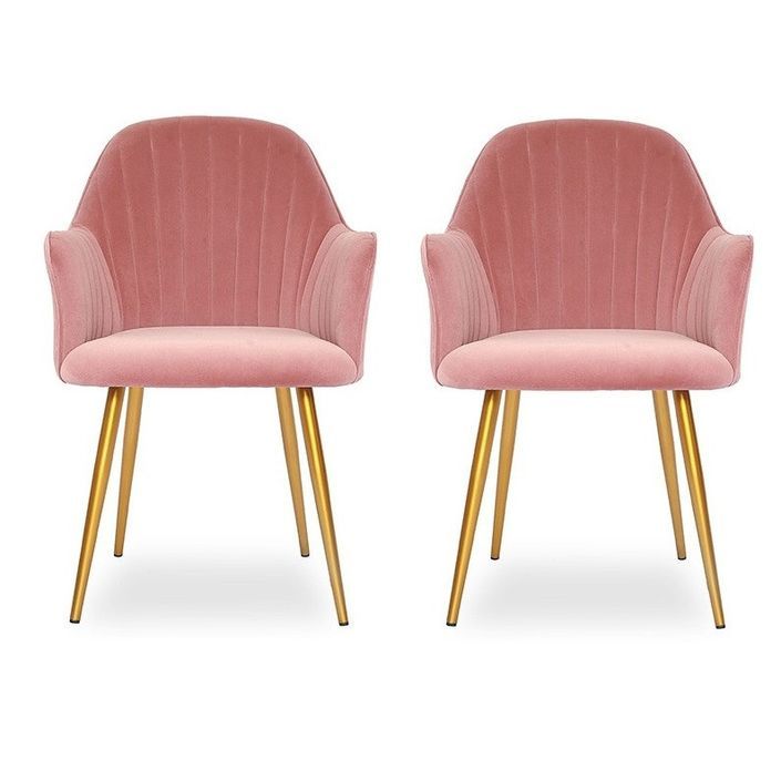 Chaise avec accoudoirs velours rose et métal doré Lucy - Lot de 2 - Photo n°1