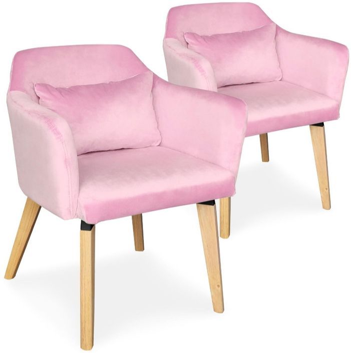 Chaise avec accoudoirs velours rose et pieds bois clair Biggie - Lot de 2 - Photo n°1