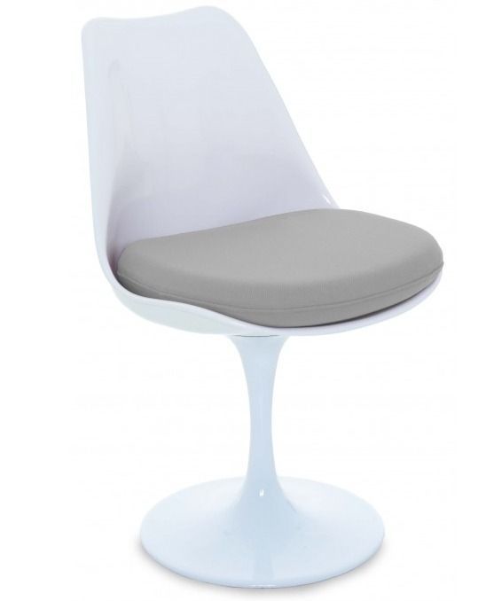 Chaise blanc brillant avec coussin tissu gris pétale de tulipe - Photo n°1