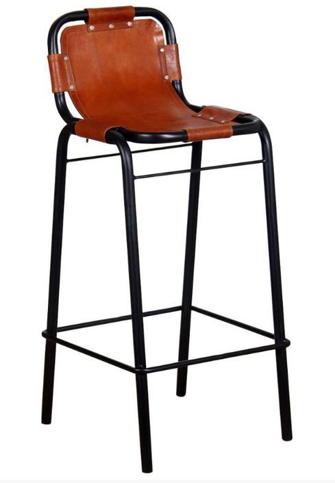 Chaise de bar cuir véritable marron et métal noir Sopra - Lot de 2 - Photo n°2