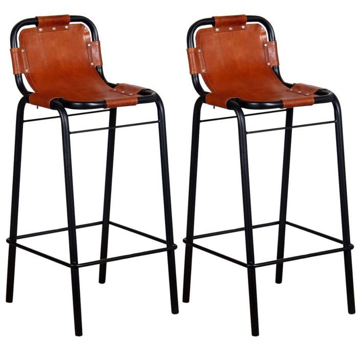 Chaise de bar cuir véritable marron et métal noir Sopra - Lot de 2 - Photo n°1