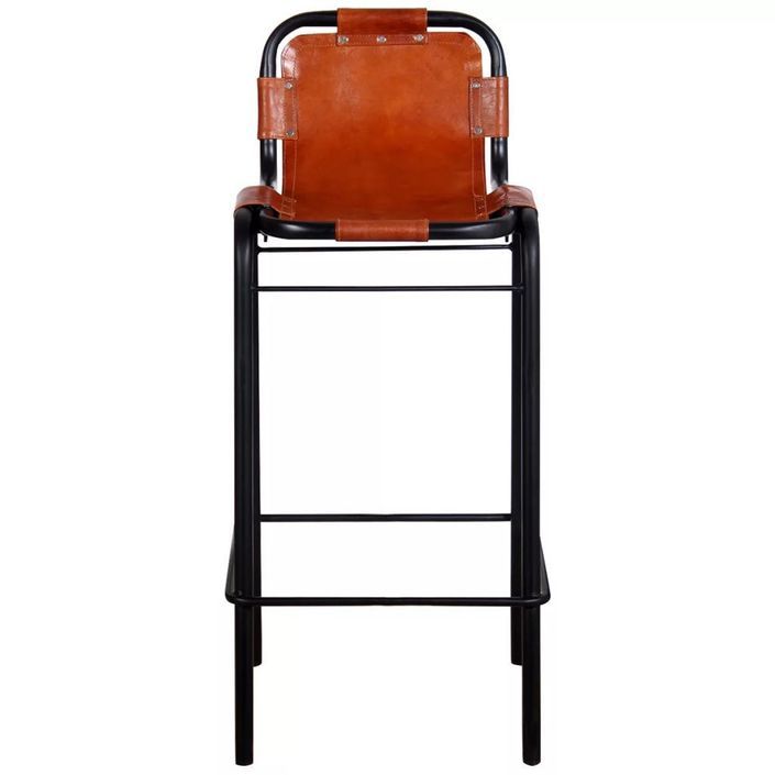 Chaise de bar cuir véritable marron et métal noir Sopra - Lot de 2 - Photo n°3