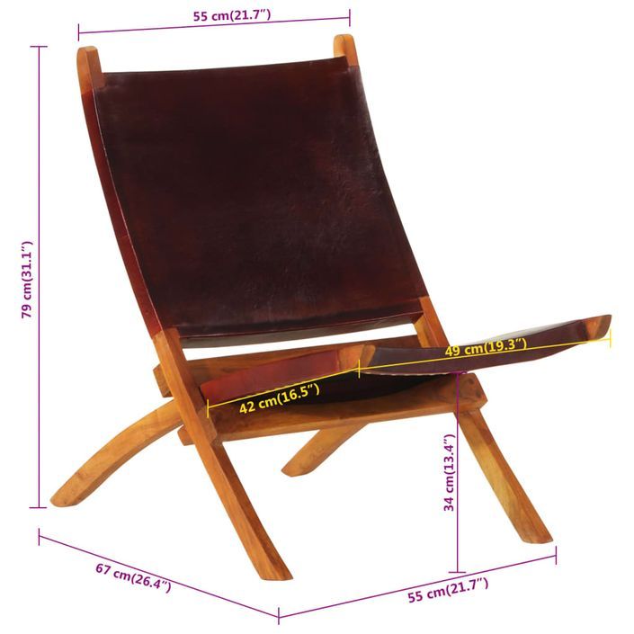 Chaise de relaxation pliable cuir véritable marron foncé - Photo n°9