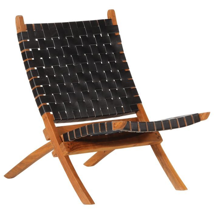 Chaise de relaxation pliable noir cuir véritable - Photo n°1
