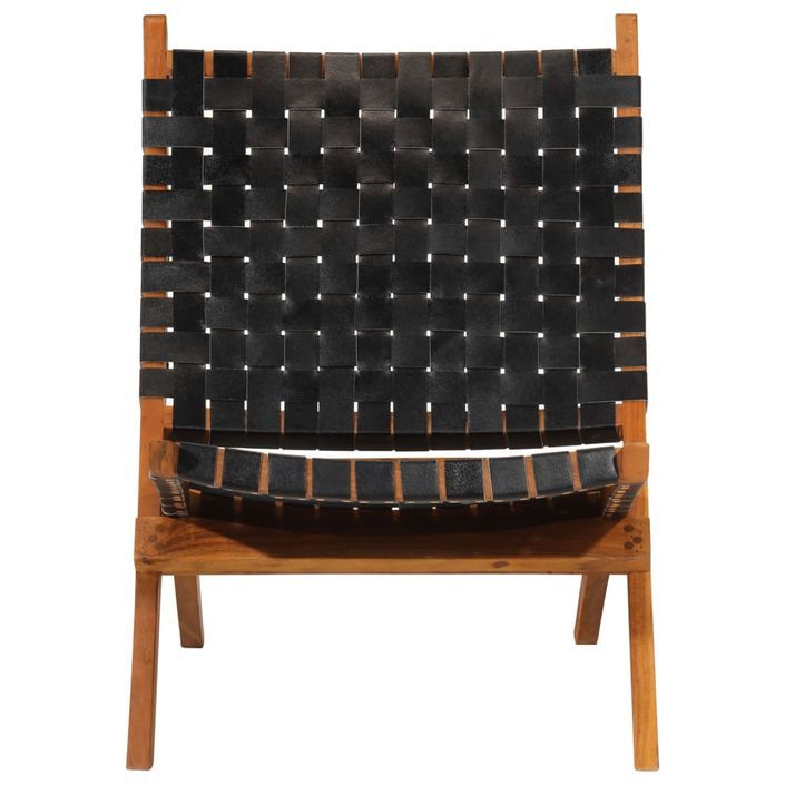Chaise de relaxation pliable noir cuir véritable - Photo n°2