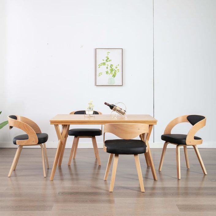 Chaise de salle à manger bois clair courbé et similicuir noir Kobaly- Lot de 4 - Photo n°2