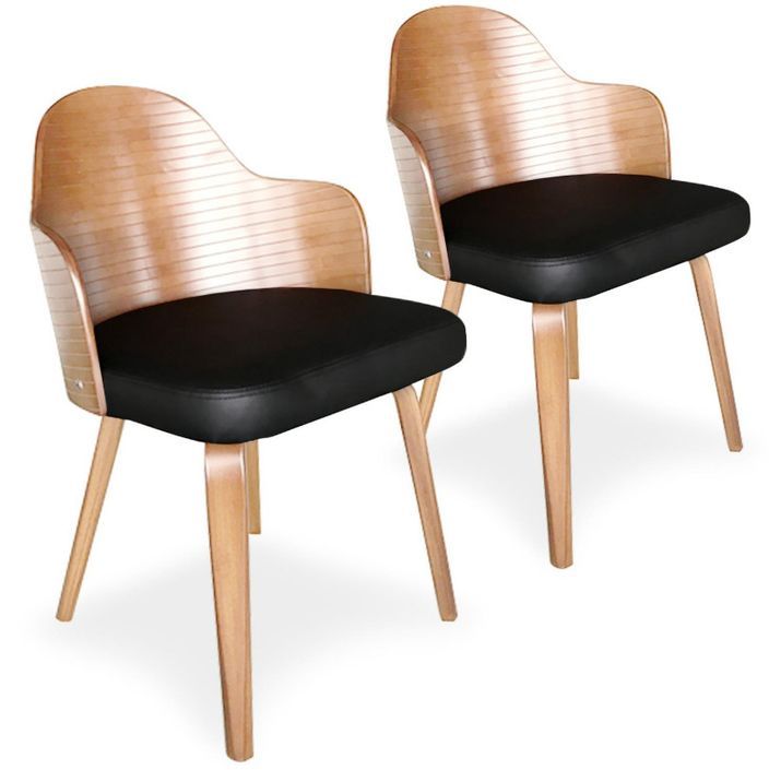 Chaise de salle à manger bois clair et simili cuir noir Pala - Lot de 2 2 - Photo n°2