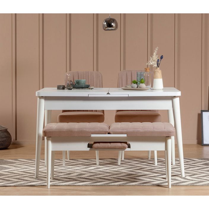 Chaise de salle à manger tissu rose pale et bois de pin blanc Mareva - Photo n°4