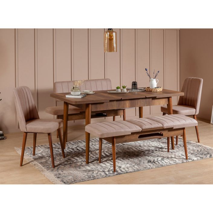 Chaise de salle à manger tissu rose pale et bois Noyer Mareva - Photo n°3