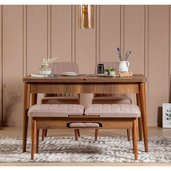 Chaise de salle à manger tissu rose pale et bois Noyer Mareva - Photo n°4