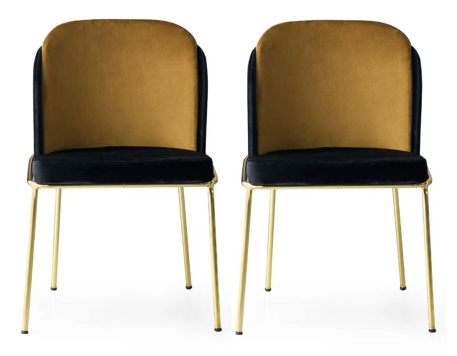 Chaise design assise velours noir, moutarde et pieds métal doré Kareen - Lot de 2 - Photo n°1