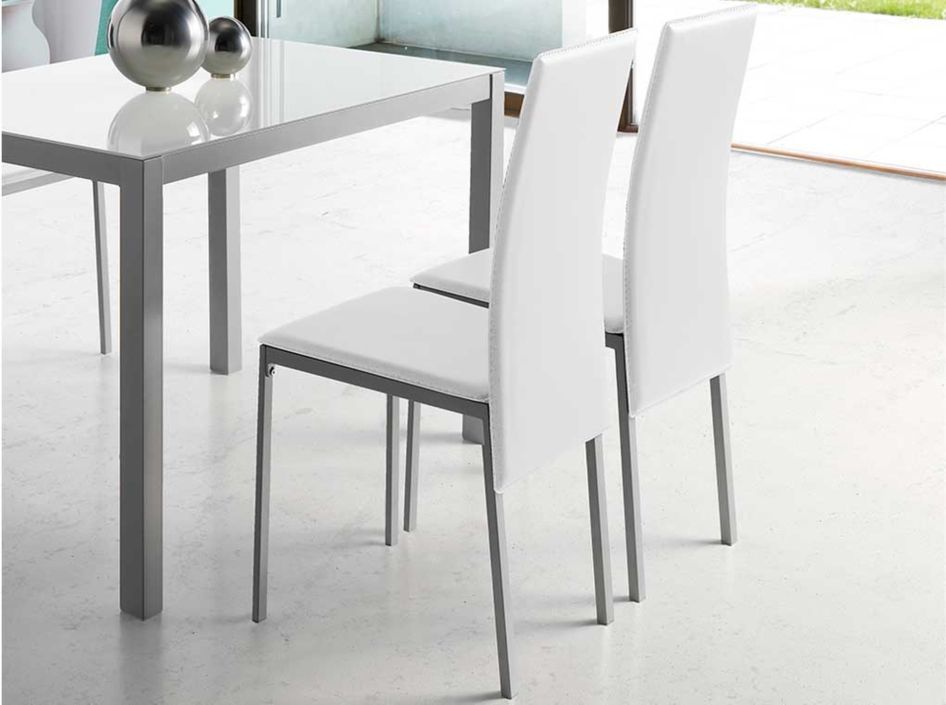 Chaise en simili cuir blanc et métal laquée gris argent - Photo n°3