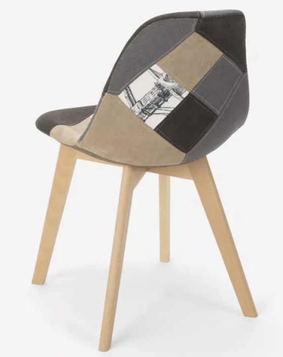 Chaise en tissu patchwork beige, gris, marron et pieds en bois naturel Vinto - Photo n°4