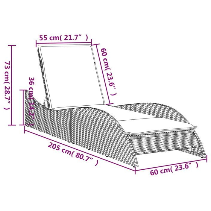 Chaise longue avec coussin gris clair 60x205x73 cm poly rotin - Photo n°9