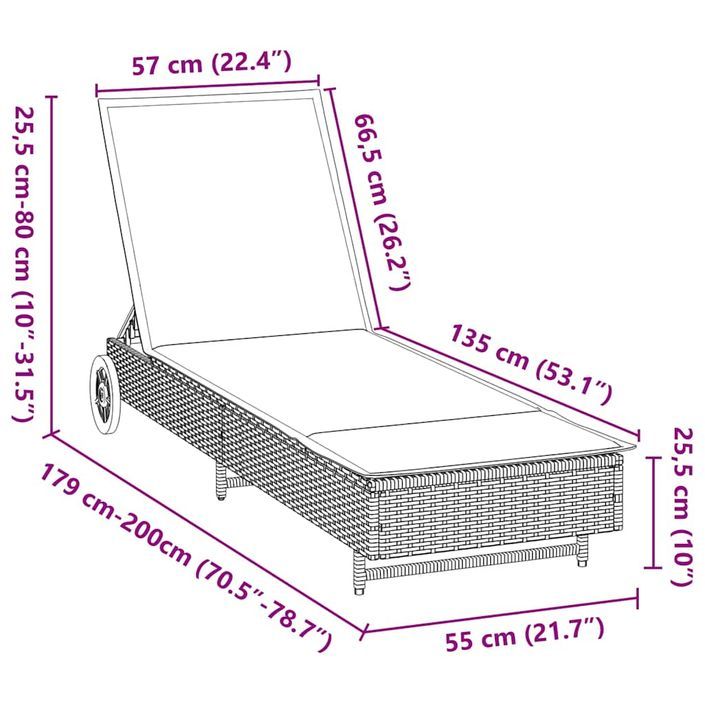 Chaise longue avec roues et coussins gris clair résine tressée - Photo n°12