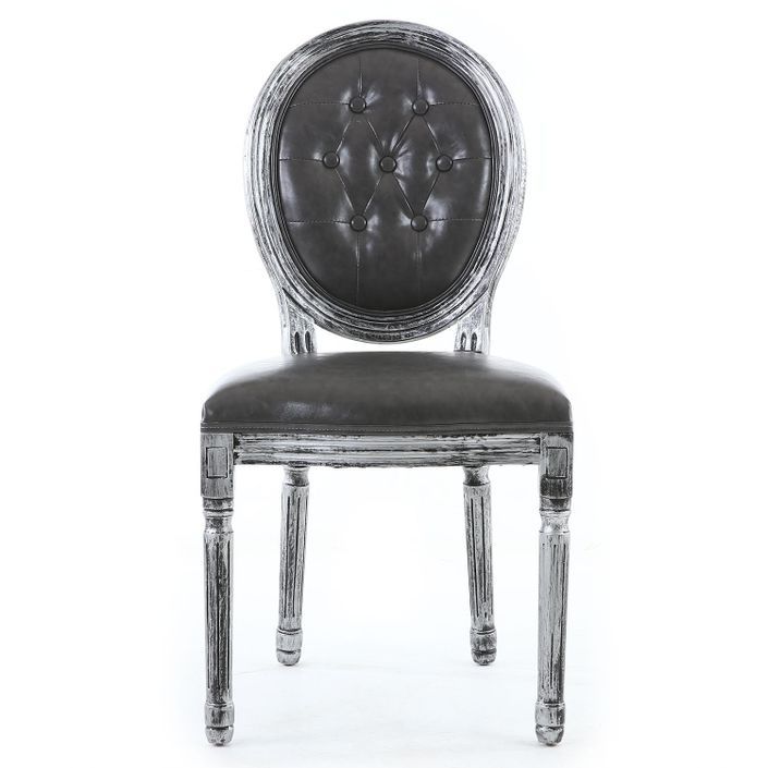 Chaise médaillon bois patiné argenté et simili capitonné gris Louis XVI - Lot de 2 - Photo n°2