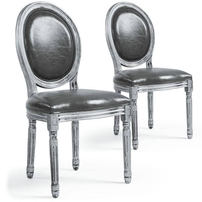 Chaise médaillon bois patiné argenté et simili gris Louis XVI - Lot de 2 - Photo n°1