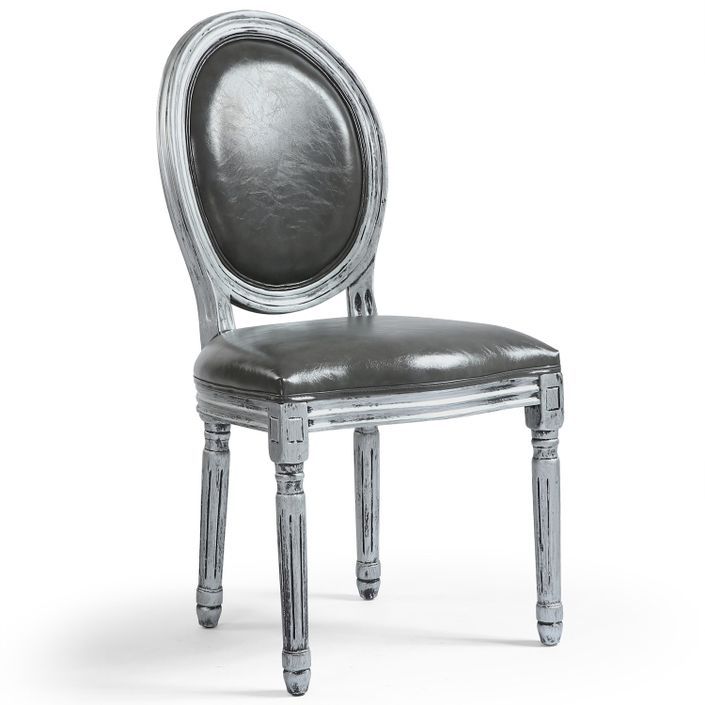 Chaise médaillon bois patiné argenté et simili gris Louis XVI - Lot de 2 - Photo n°2