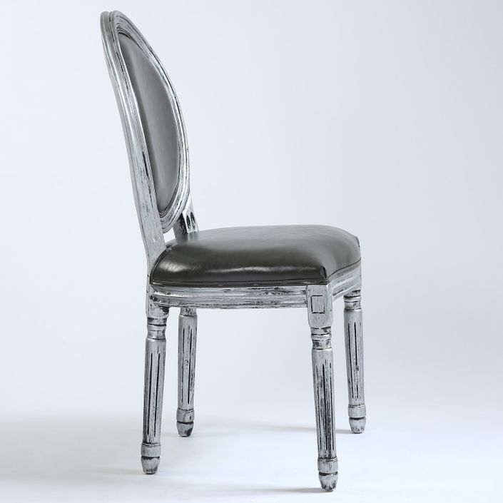Chaise médaillon bois patiné argenté et simili gris Louis XVI - Lot de 2 - Photo n°4