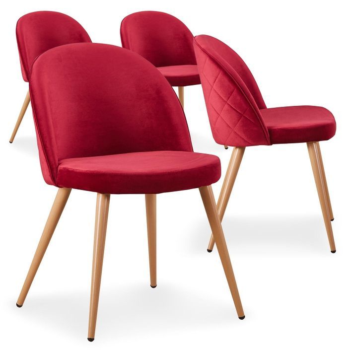 Chaise moderne velours rouge et pieds métal imitation bois Skoda - Lot de 4 - Photo n°1