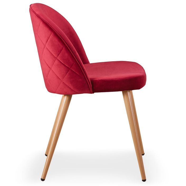 Chaise moderne velours rouge et pieds métal imitation bois Skoda - Lot de 4 - Photo n°4