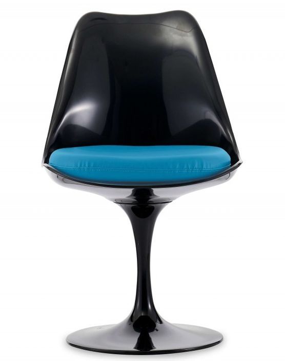 Chaise noir brillant avec coussin tissu bleu pétale de tulipe - Photo n°1