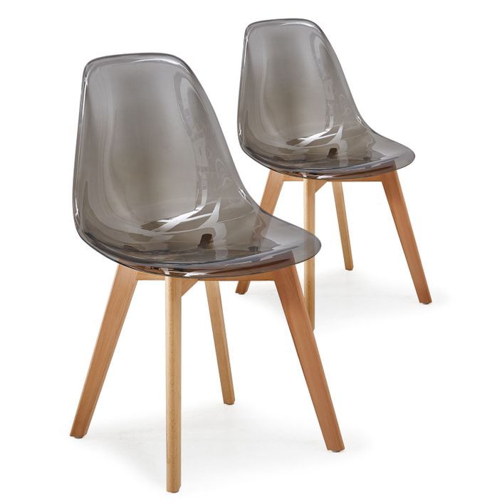 Chaise plexiglass gris fumé et pieds bois naturel Oxy - Lot de 2 - Photo n°1
