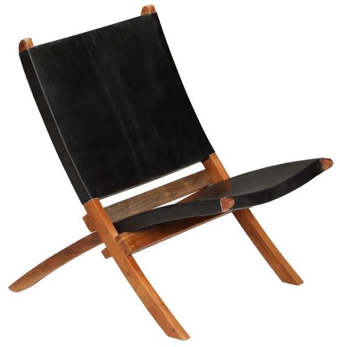 Chaise pliante cuir noir et acacia laqué Manilou - Photo n°1
